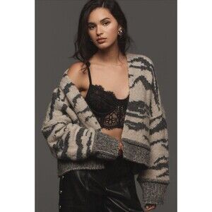 Anthropologie Pilcro Cardigan Sweater Gray Animal Print Comfy Preppy Medium NWT